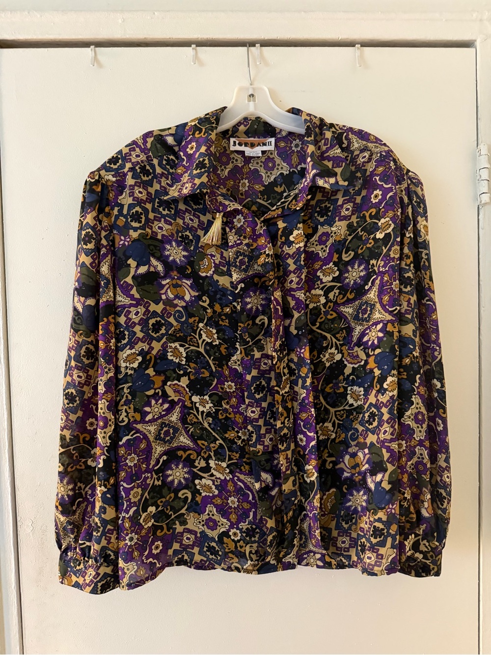 Vintage Jordan II Jewel Tone Mosaic Paisley Blouse with Gold Tassel Plus 22W